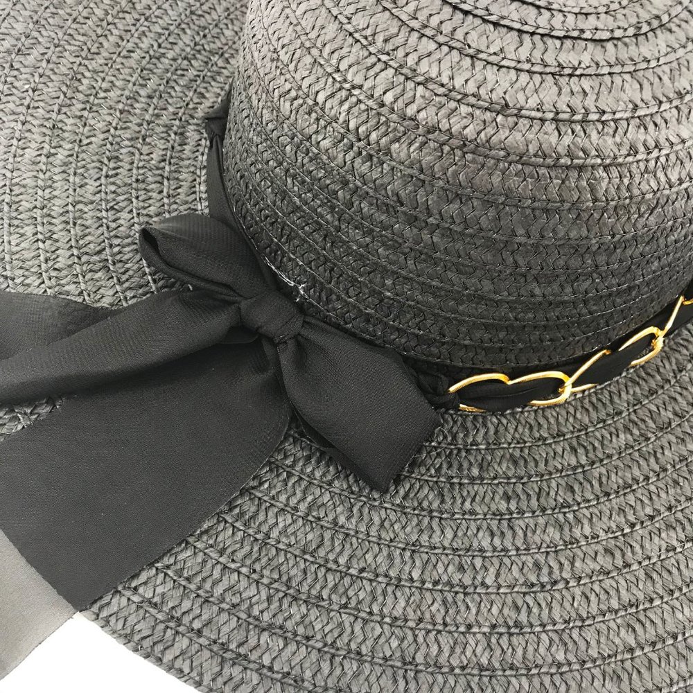 Black Braided Straw Gold Chain Sun Hat - Picture 6 of 6